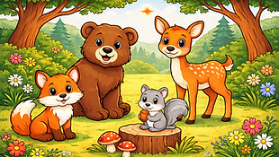 Bunt ausgemaltes Ausmalbild im Cartoon-Stil mit Fuchs, Bär, Reh und Eichhörnchen auf einer Waldlichtung im Querformat.