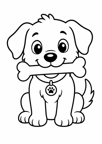 Schwarz-weißes Ausmalbild eines Cartoon-Hundes mit Knochen, mit dicken Linien und großen Flächen, ideal für Kinder