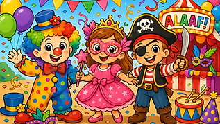 Buntes Karneval und Fasching Ausmalbild mit Kindern in Kostümen, Masken und bunter Partydekoration