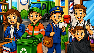 Buntes Berufe im Alltag Ausmalbild für Kinder im Cartoon Stil mit Büro, Müllabfuhr, Postbote und Friseur
