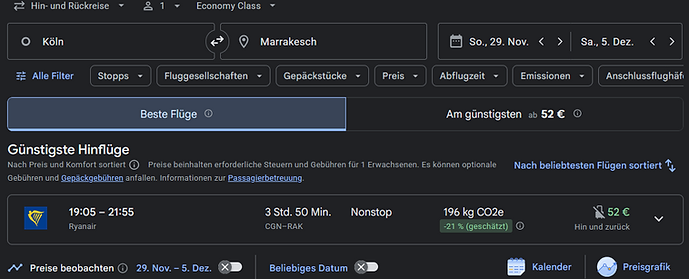 Screenshot aus Google Flüge von Flügen aus Köln nach Marrakesch
