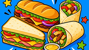 Buntes Sandwich und Wraps Ausmalbild für Kinder im Cartoon Stil mit Sandwiches, Wraps, Gemüse und Snacks