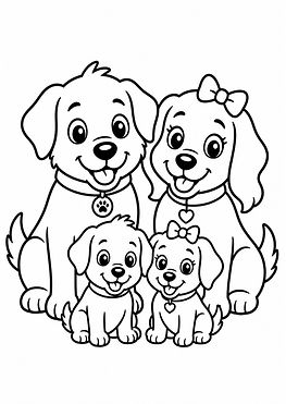 Schwarz-weißes Ausmalbild einer Hunde Familie mit zwei erwachsenen Hunden und zwei Welpen, im einfachen Cartoon-Stil mit dicken Linien
