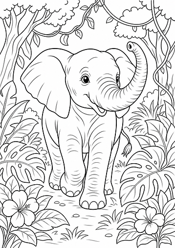 Elefant im Dschungel Ausmalbild mit Blättern und Pflanzen