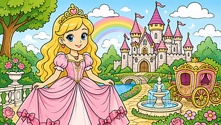 Buntes Prinzessin Ausmalbild mit Schloss, Kutsche und Märchenlandschaft im Hintergrund