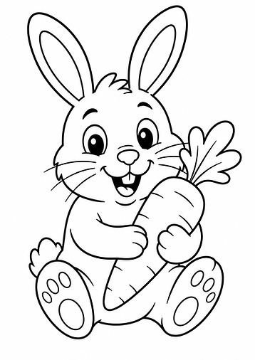 Süßer Hase mit großer Karotte als einfaches Cartoon-Ausmalbild zum Ausdrucken