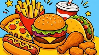 Buntes Fast Food Mix Ausmalbild für Kinder im Cartoon Stil mit Burger, Pizza, Pommes, Hotdog, Taco und Chicken Nuggets