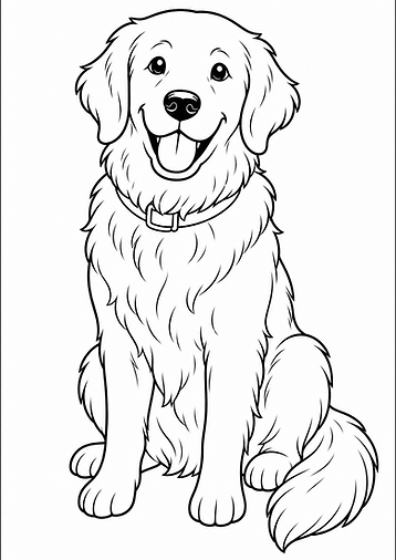 Freundlicher Golden Retriever als Ausmalbild mit klaren Konturen und großen Flächen im DIN A4 Hochformat