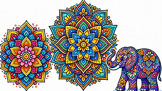 Drei farbenfrohe Mandalas und eine Elefanten-Illustration im Mandala-Stil auf hellem Hintergrund mit floralen Ornamenten.