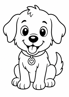 Schwarz-weißes Ausmalbild eines süßen Cartoon-Hundes mit großen Augen, dicken Konturen und einfachen Formen, perfekt für Kinder