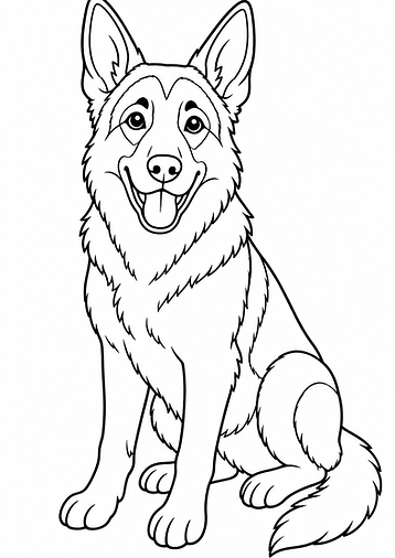 Deutscher Schäferhund als Ausmalbild mit klaren Linien und großen Flächen im DIN A4 Hochformat zum Ausdrucken für Kinder