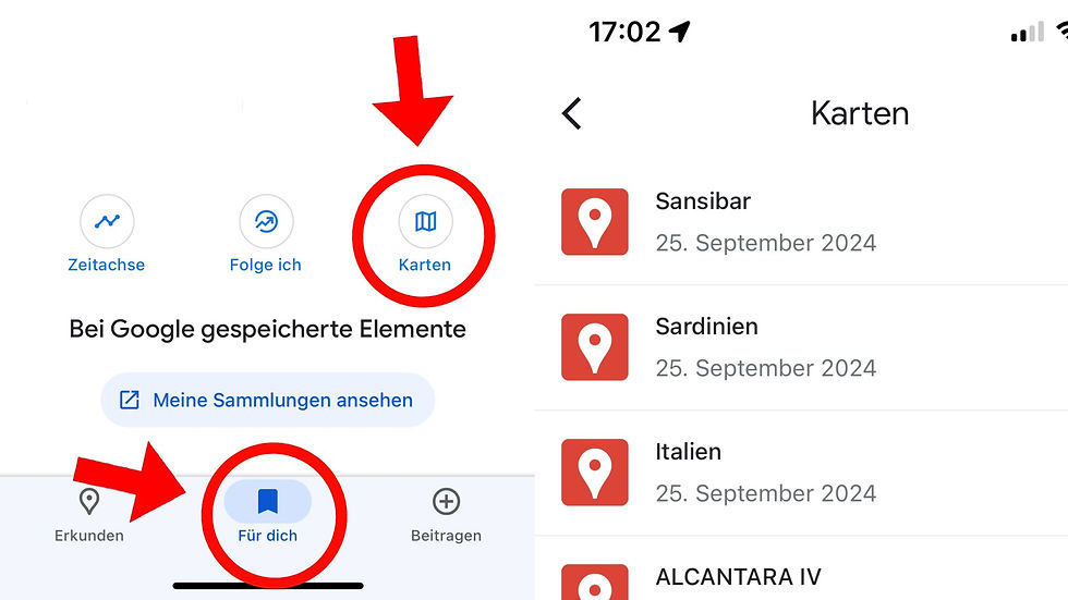Ein Screenshot aus der Google Maps App mit Markierungen zur MyMaps Karte