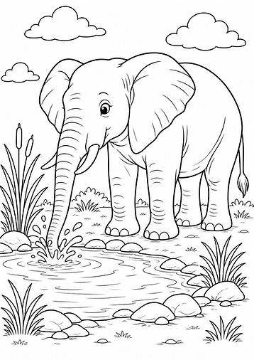 Elefant am Wasserloch Ausmalbild mit Rüssel und Wasser