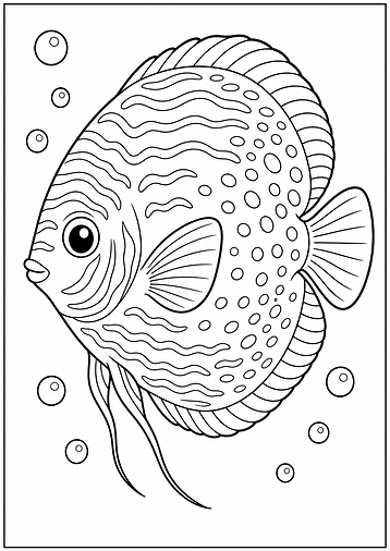 Diskusfisch Ausmalbild mit rundem Körper und klaren schwarzen Linien zum Ausdrucken