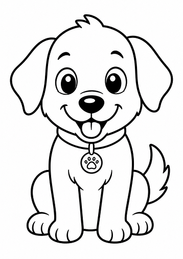 Schwarz-weißes Ausmalbild eines süßen Cartoon-Hundes mit großen Augen, dicken Konturen und einfachen Formen, ideal für Kinder