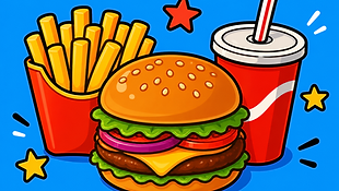 Buntes Fast Food Menü Ausmalbild für Kinder im Cartoon Stil mit Burger, Pommes und Getränk als klassisches Menü