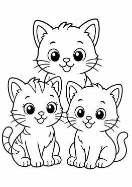Katzen Ausmalbild mit mehreren süßen Katzen im Cartoon-Stil kostenlos zum Ausdrucken für Kinder