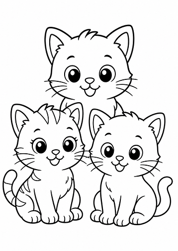 Katzen Ausmalbild mit mehreren süßen Katzen im Cartoon-Stil kostenlos zum Ausdrucken für Kinder
