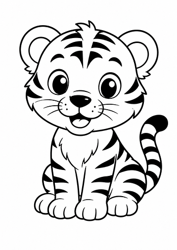 Niedliches Cartoon Tiger Ausmalbild mit typischen Tigerstreifen und klaren schwarzen Linien zum Ausdrucken