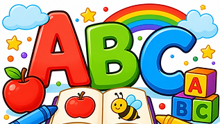 Bunte ABC Buchstaben im Cartoon Stil mit dicken Linien, umgeben von Schulmaterial wie Buntstiften, Buch und Lernspielzeug für Kinder