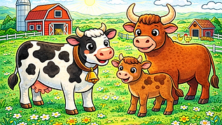 Buntes Ausmalbild im Cartoon-Stil mit dicken Linien von Kühen, einem Kalb und einem Bullen auf einem Bauernhof mit Scheune und Wiese