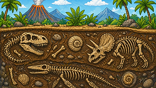 Buntes Dinosaurier Skelett Ausmalbild mit Fossilien und Knochen in der Erde