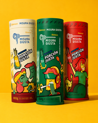 Tres envases de Misura Giusta exhibidos juntos mostrando la línea completa de productos.