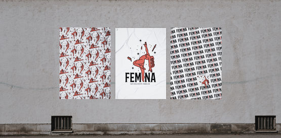Serie de tres afiches de KEMINA instalados en pared, con ilustraciones, tipografía y lenguaje visual de marca.