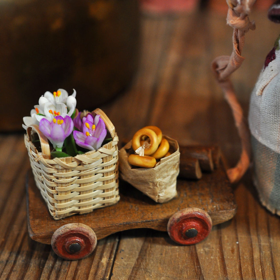 Miniature : Little Mrs Dormouse and her spring cart