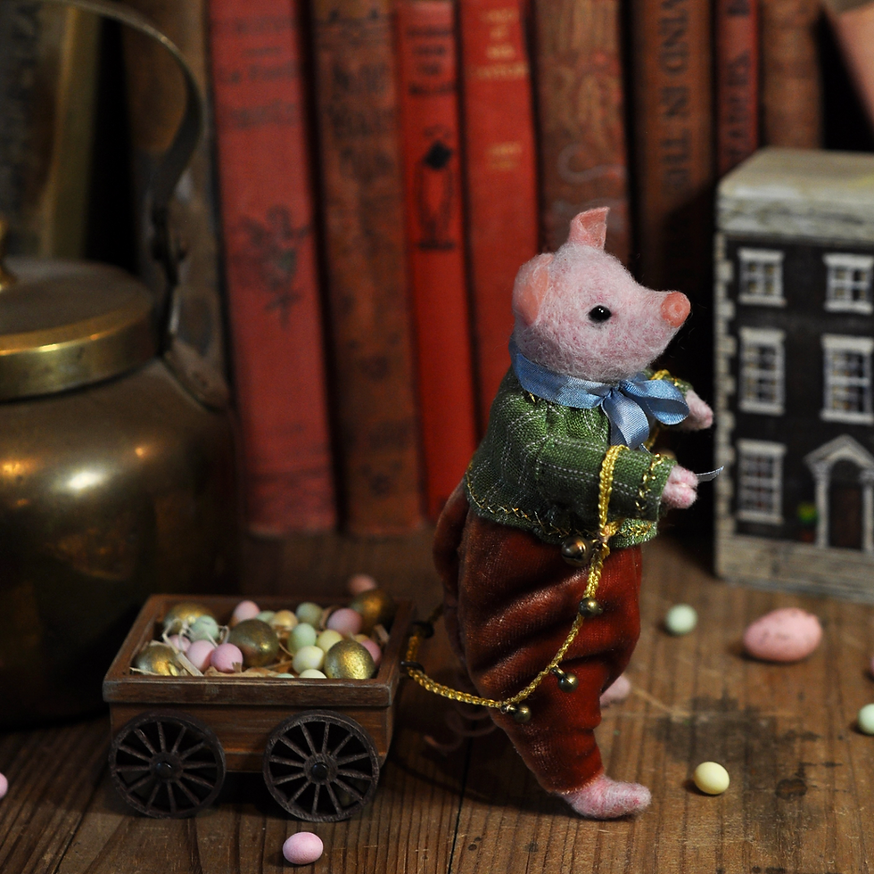 Miniature : Little Easter Pig and his cart filled with eggs
