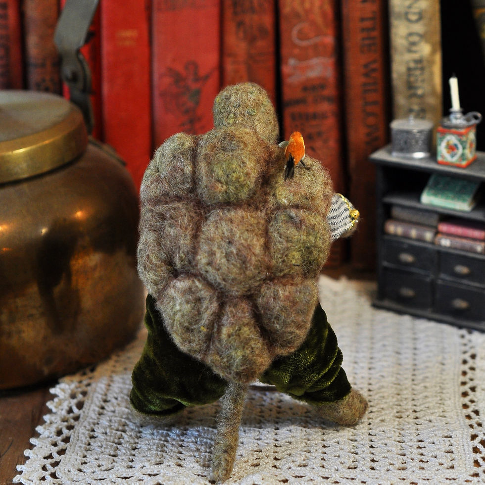 Miniature : Old Mr. Tortoise and his little robin friend