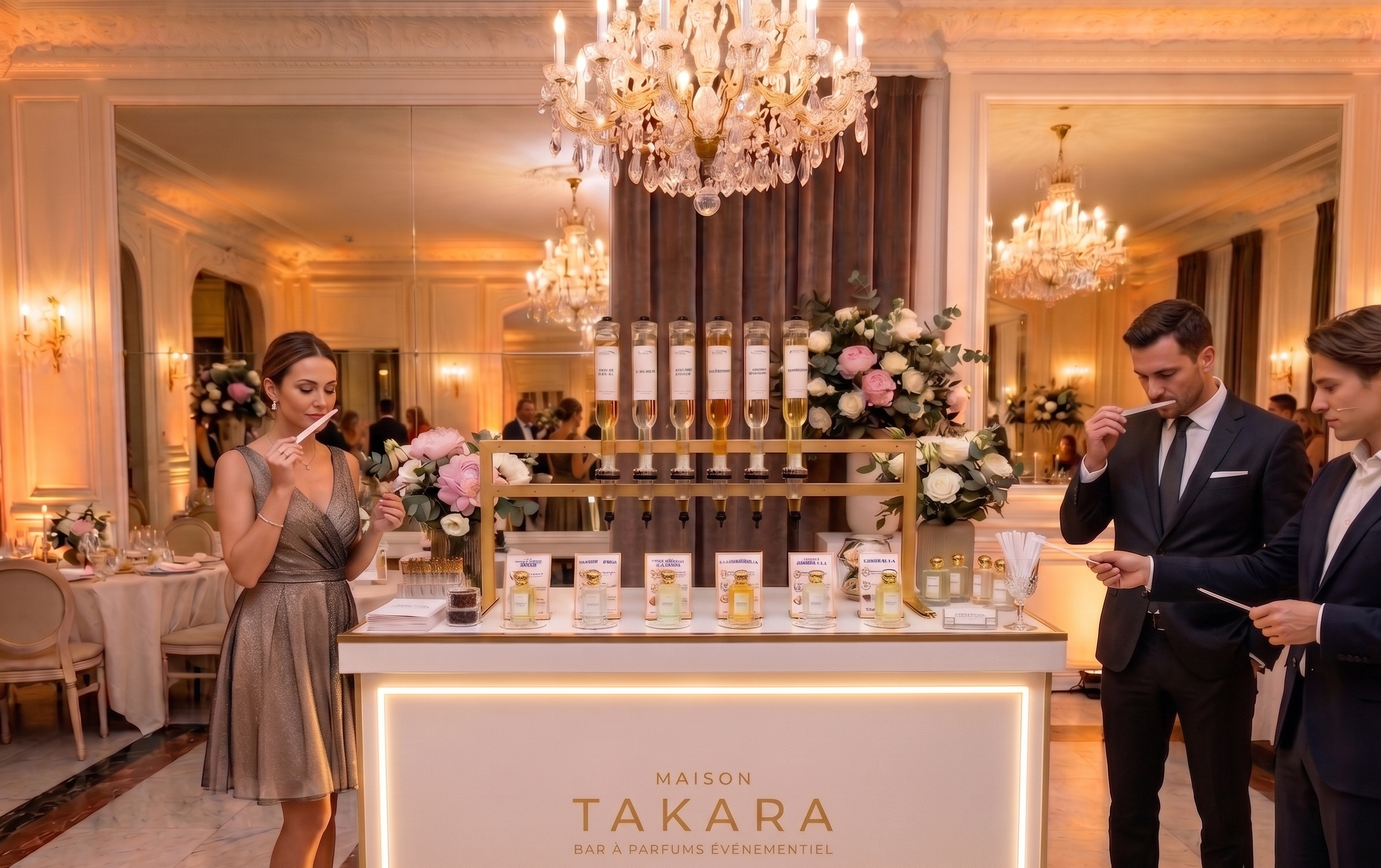 Bar à parfums de luxe Maison Takara pour mariage chic avec flacons personnalisés pour les invités