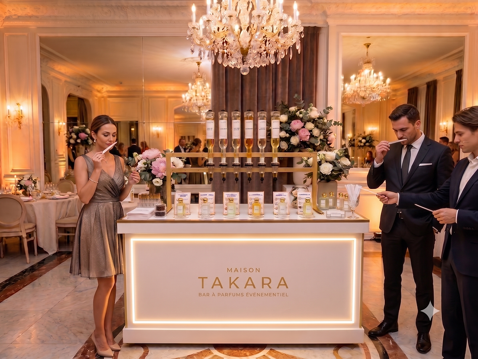 Bar à parfums de luxe Maison Takara pour mariage chic avec flacons personnalisés pour les invités