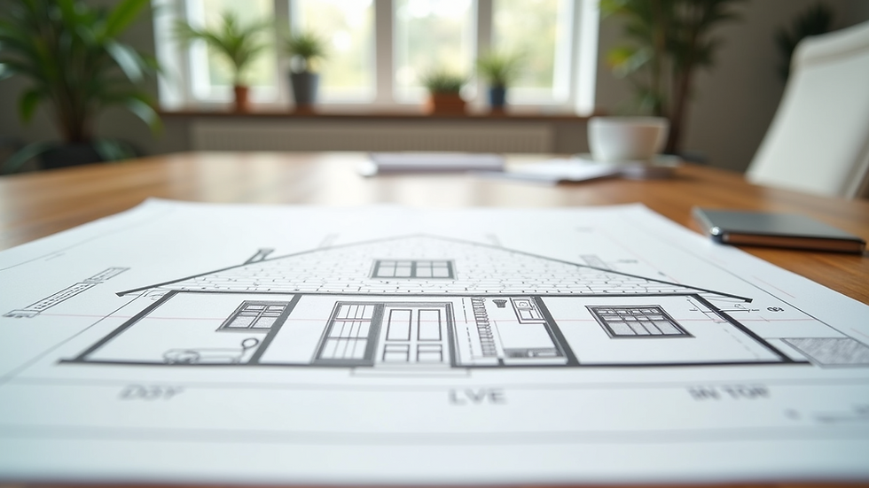 Eye-level view of a detailed home renovation blueprint on a table