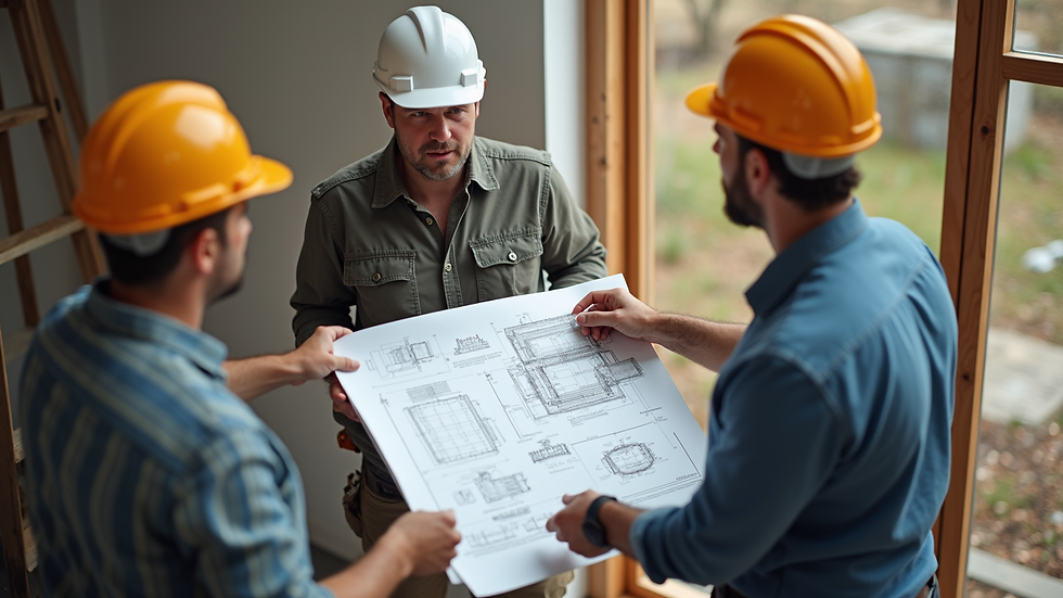 High angle view of contractors discussing renovation plans