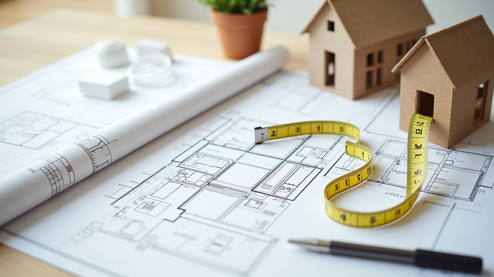 High angle view of a home renovation blueprint and measuring tape on a table
