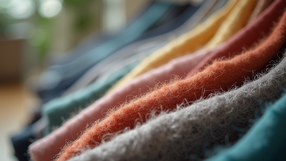 Eye-level view of a fabric swatch display showcasing various textures and colors