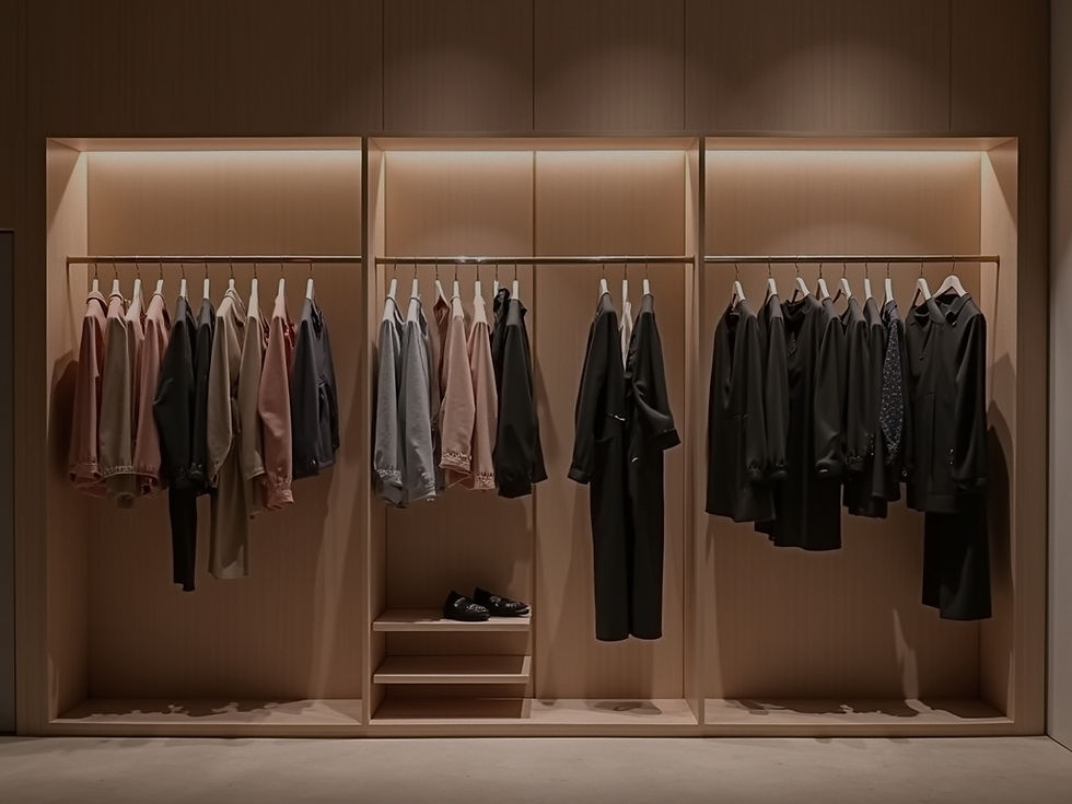 Clothing arranged on rails in an organised wardrobe.