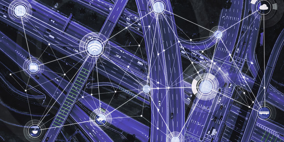 Connected data network over highway interchanges, representing administrative invisibility and information moving seamlessly behind the scenes
