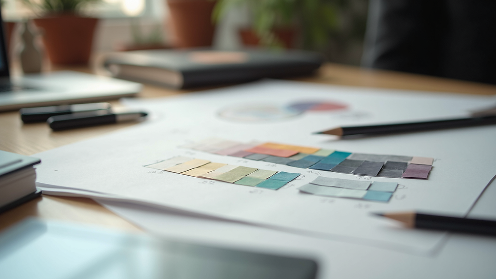 Close-up view of a designer’s desk with sketches and color swatches