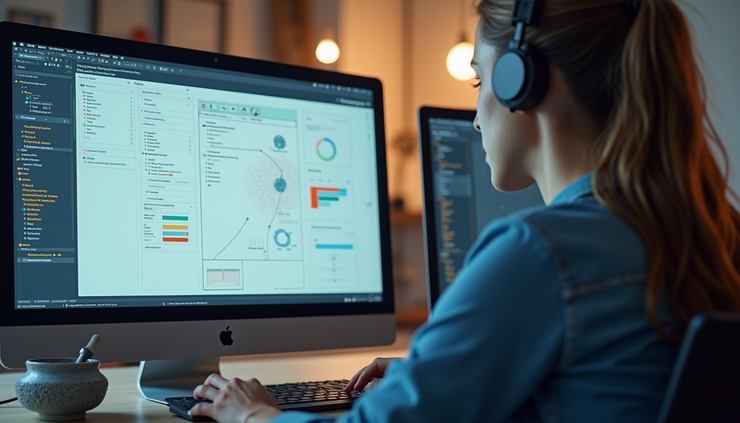 Eye-level view of a designer working on a digital interface with colorful wireframes