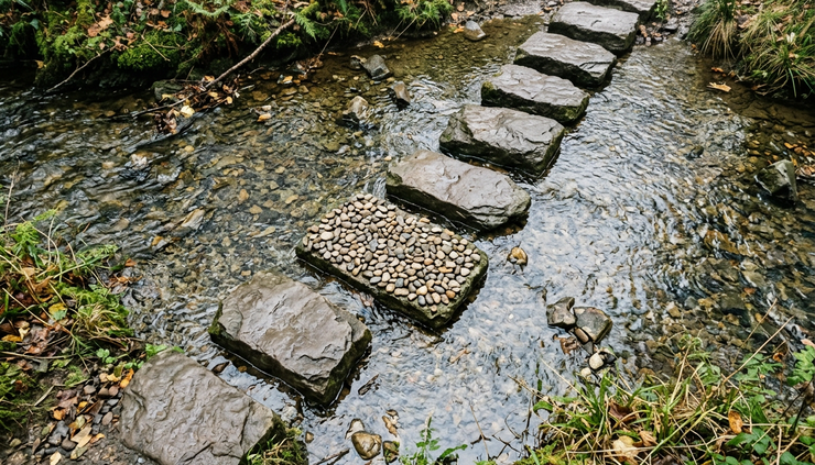 Overhead view of stepping stones across shallow water with one stone covered in many small pebbles.