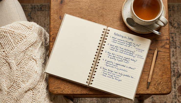 Overhead view of a notebook with handwritten reflection questions beside a cup of tea.