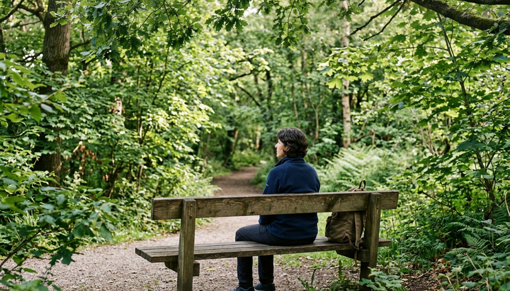 Eye-level view of a person sitting alone on a park bench with trees nearby.