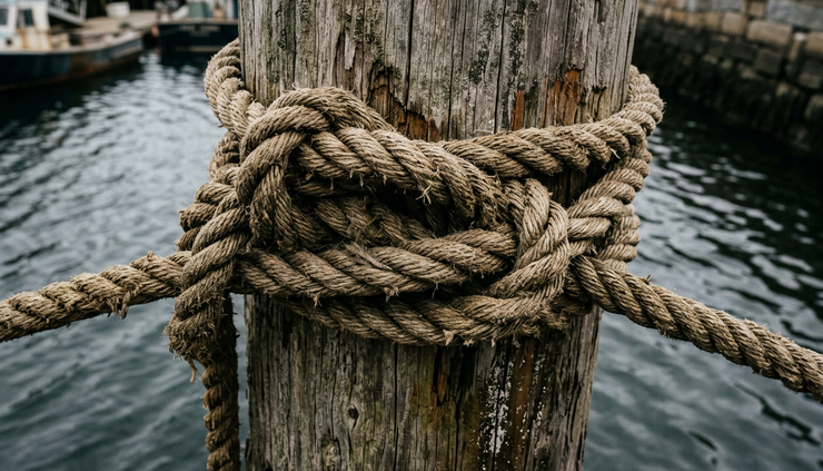 Close-up of a knotted rope pulled tight against weathered wood.