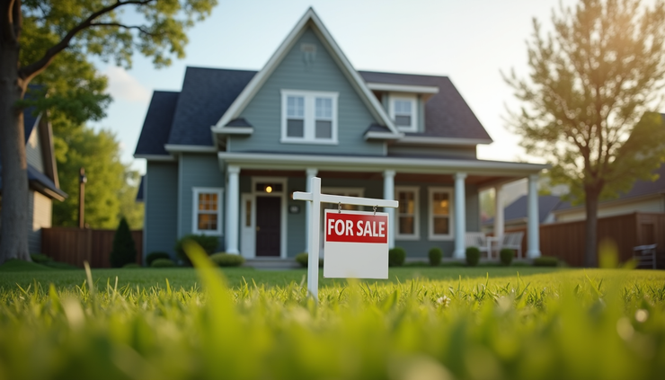 Eye-level view of a suburban house with a "For Sale" sign in the front yard