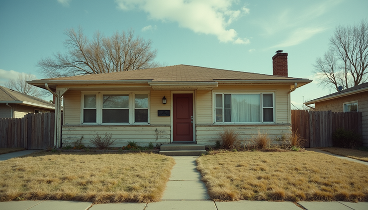 Eye-level view of a suburban house with visible wear and tear on the exterior
