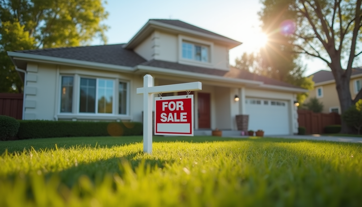 Eye-level view of a suburban house with a "For Sale" sign in the front yard