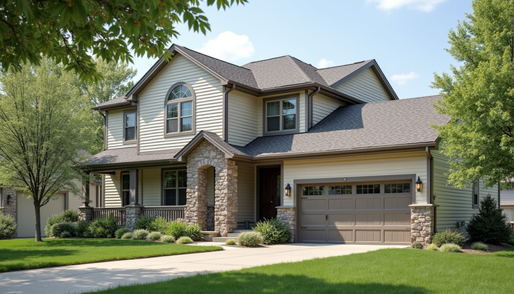 Eye-level view of a renovated Siouxland home exterior with fresh siding and landscaping