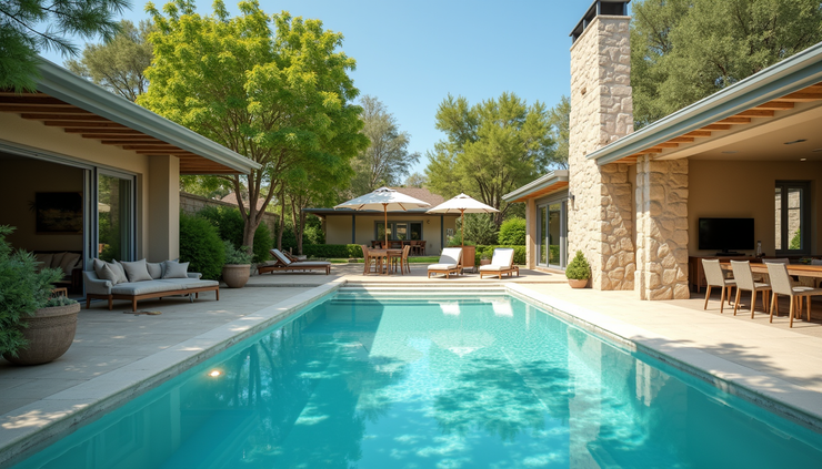 Eye-level view of a spacious backyard with a swimming pool and outdoor seating area